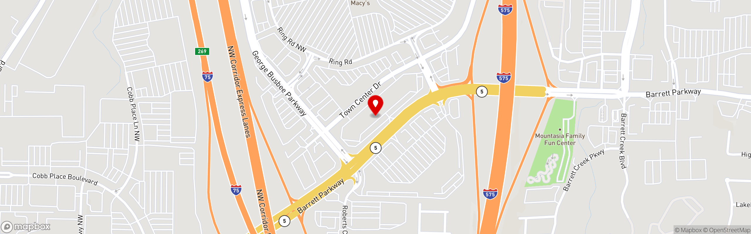Street map pinning Buzzin Burgers in Kennesaw