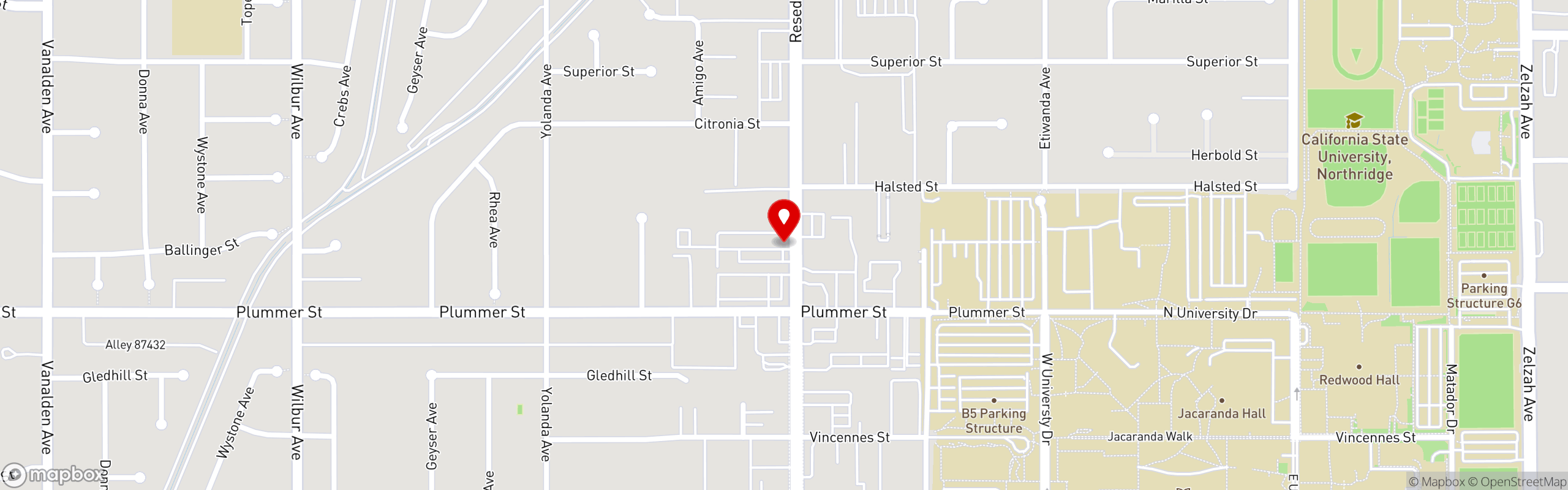 Street map pinning Kickin KAsian in Northridge