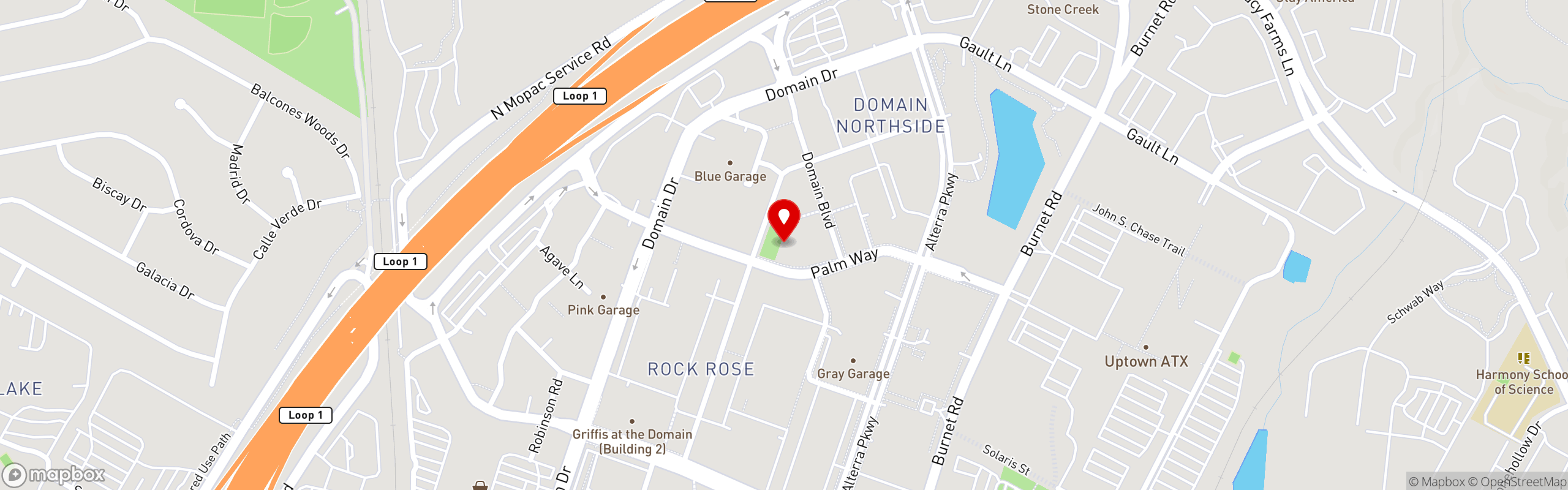 Street map pinning JOI Asian Bistro in Domain Northside