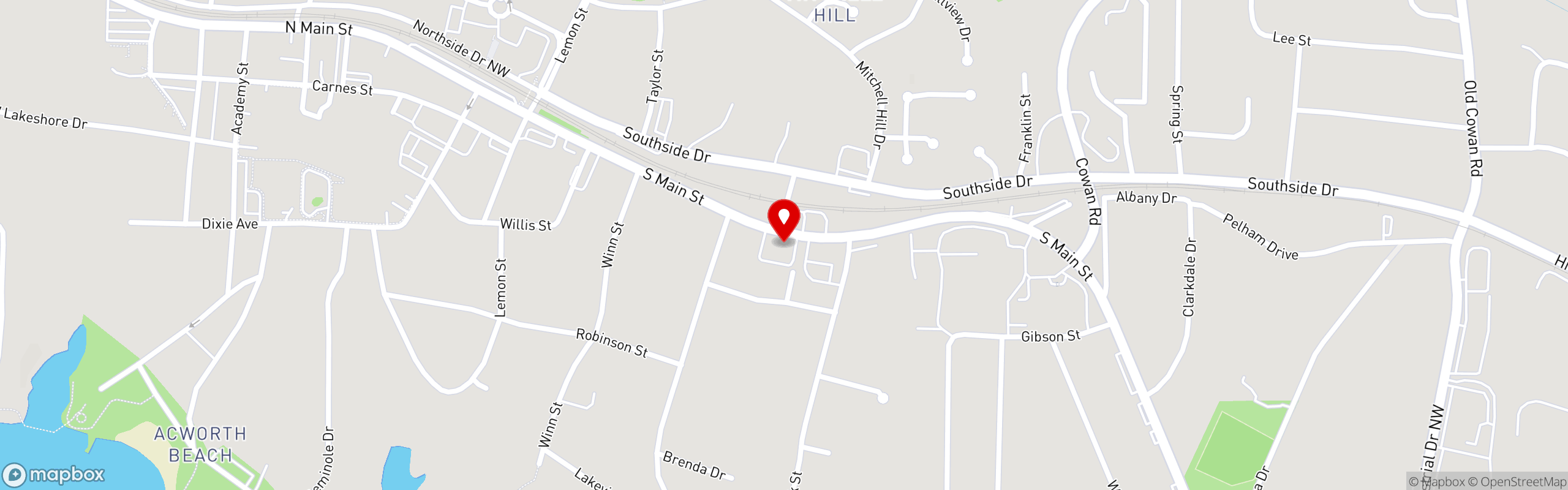 Street map pinning Red Top Brewhouse in Acworth