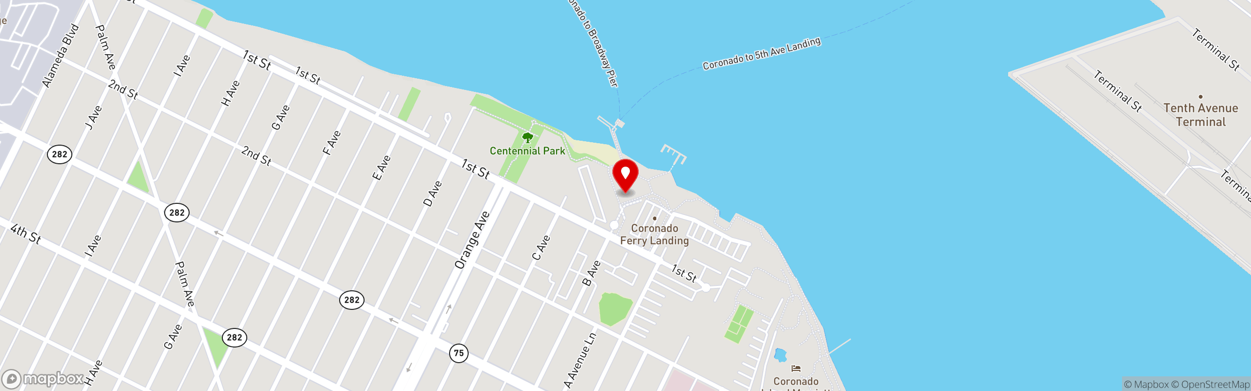 Street map pinning Coronado Tasting Room in Visit us at the Coronado Ferry Landing