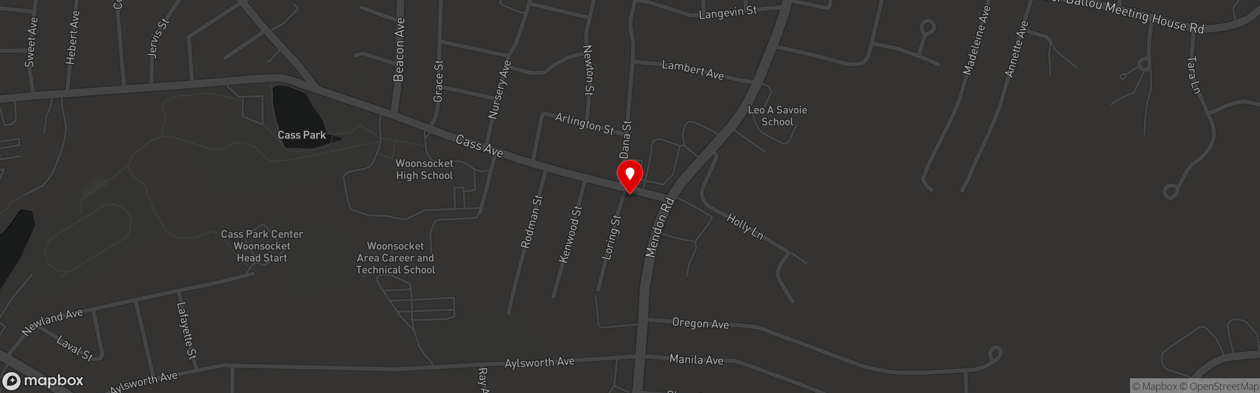 Street map pinning Kay's Restaurant in Woonsocket, RI