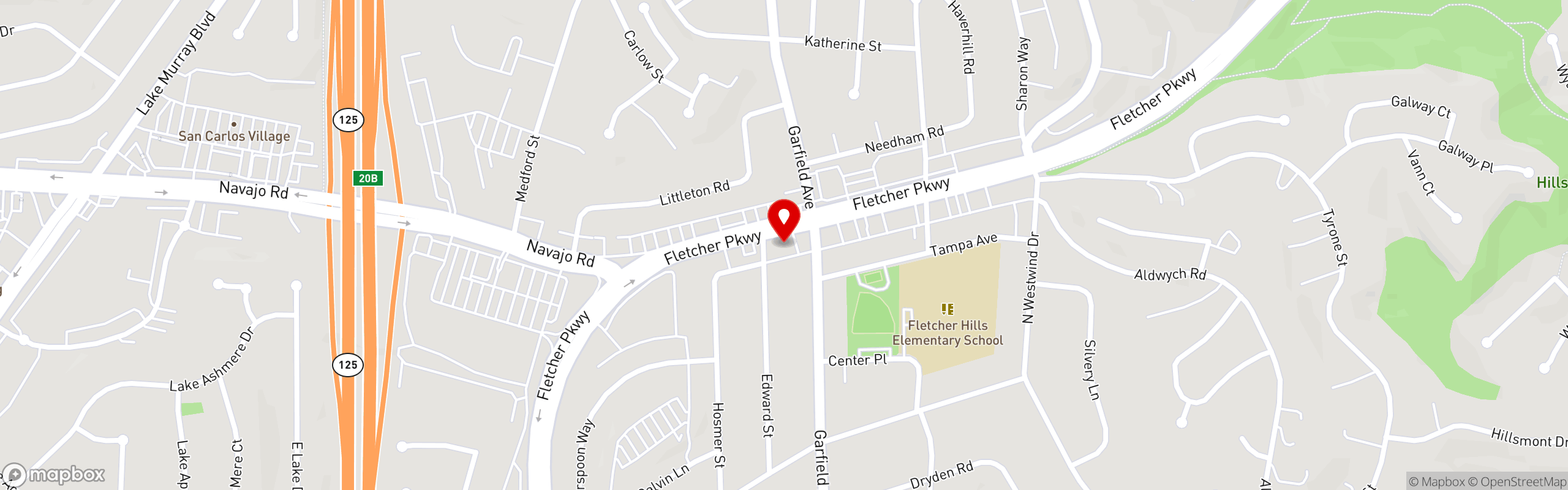 Street map pinning Fletcher Hills Bottle Shop in San Diego