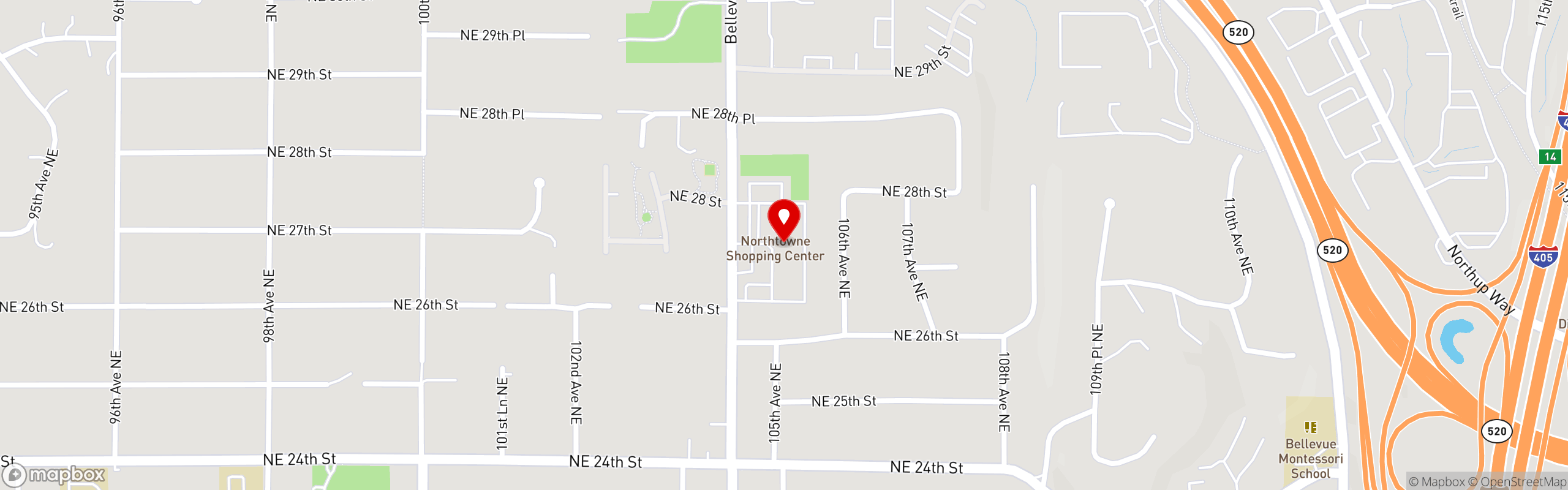 Street map pinning The Brief Encounter Café in Bellevue, WA