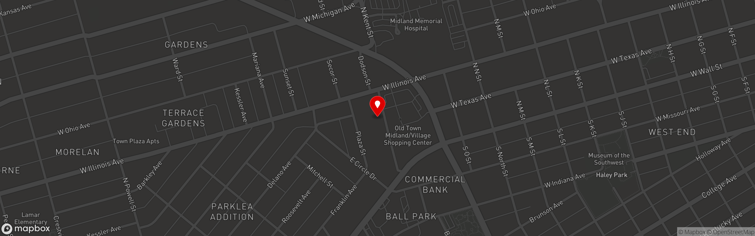 Street map pinning Triple Threat Sports Bar in Midland, TX
