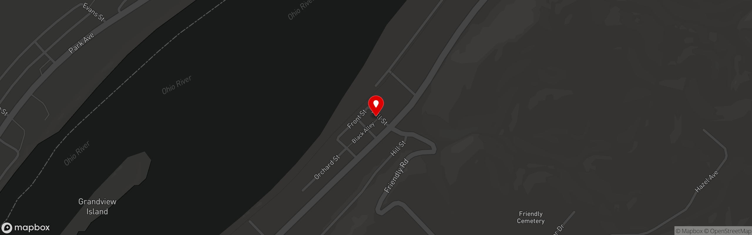 Street map pinning Friendly Pizza Company in Friendly Pizza Company