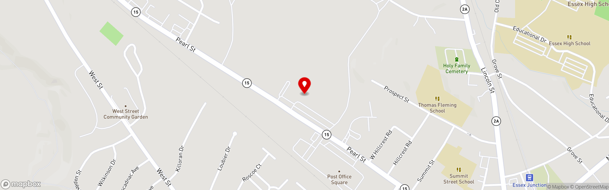 Street map pinning Vespa's Pizza Pasta & Deli in Essex Junction Shopping Center