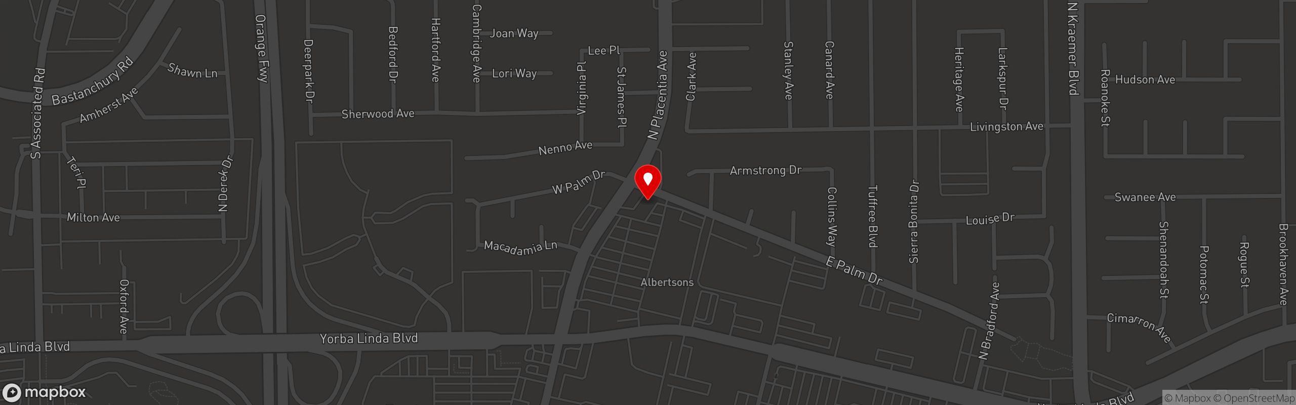 Street map pinning Big B's Barbecue in Fullerton, CA