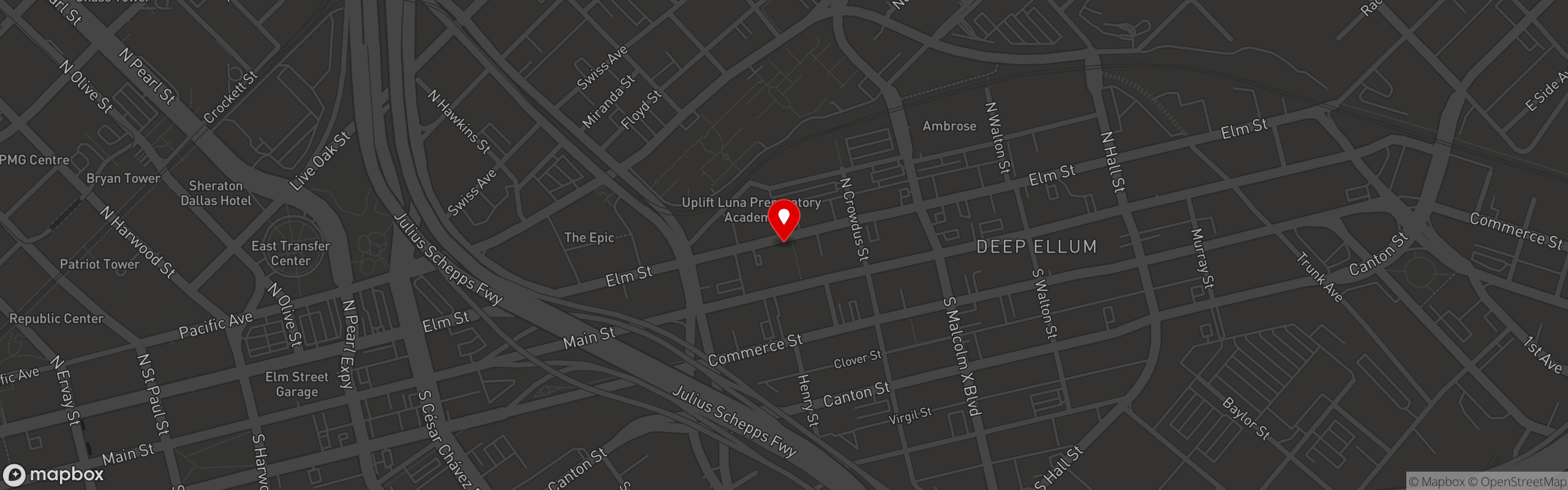 Street map pinning Wing Bucket in Deep Ellum Dallas