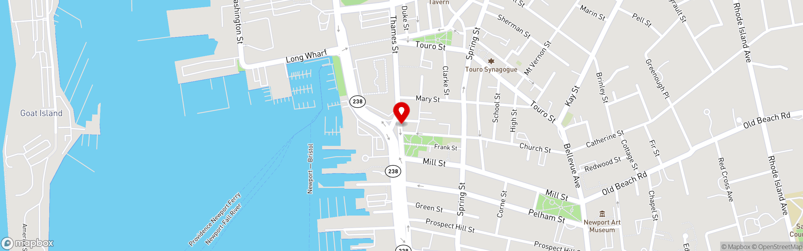 Street map pinning Gas Lamp Grille in Newport, RI