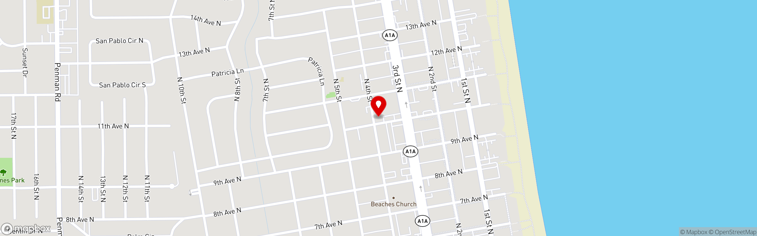 Street map pinning Buddha Thai Bistro in Jacksonville Beach