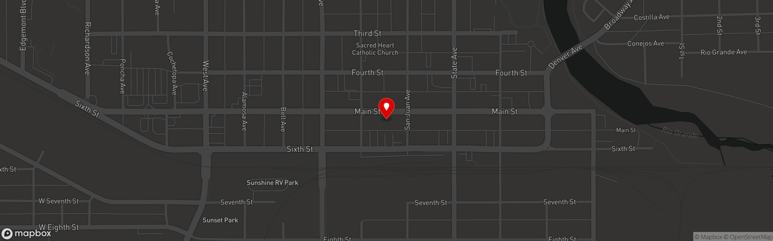 Street map pinning Colorado Grille - Best Burgers in the San Luis Valley in Alamosa