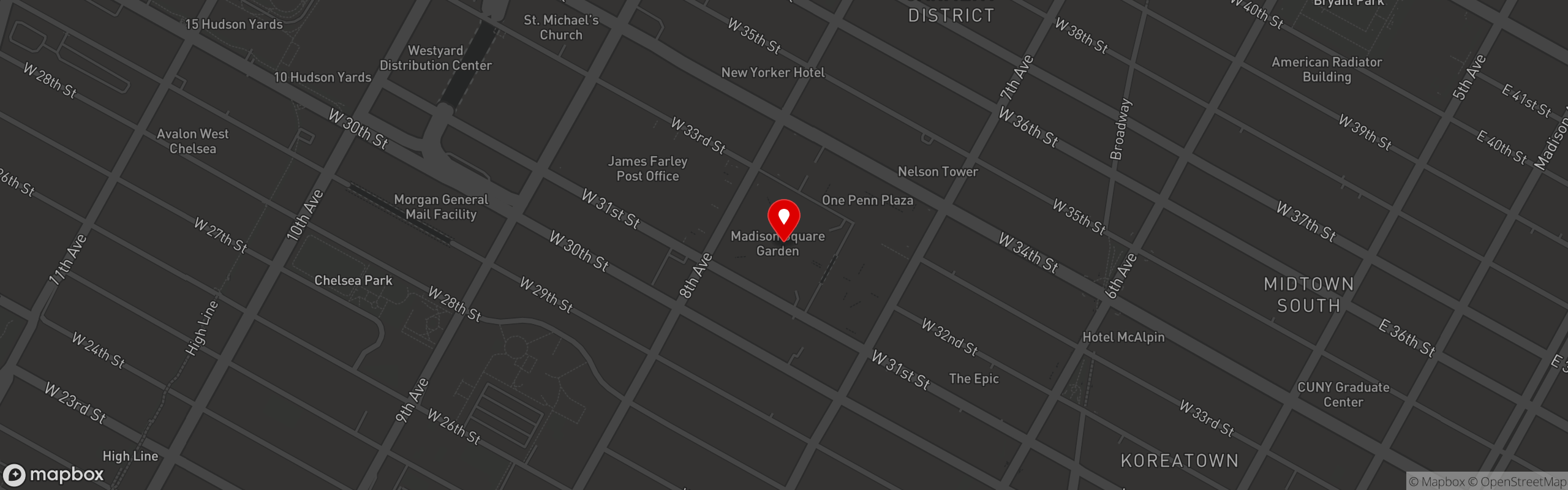 Street map pinning Brooklyn Dumpling Shop in Madison Square Garden - New York