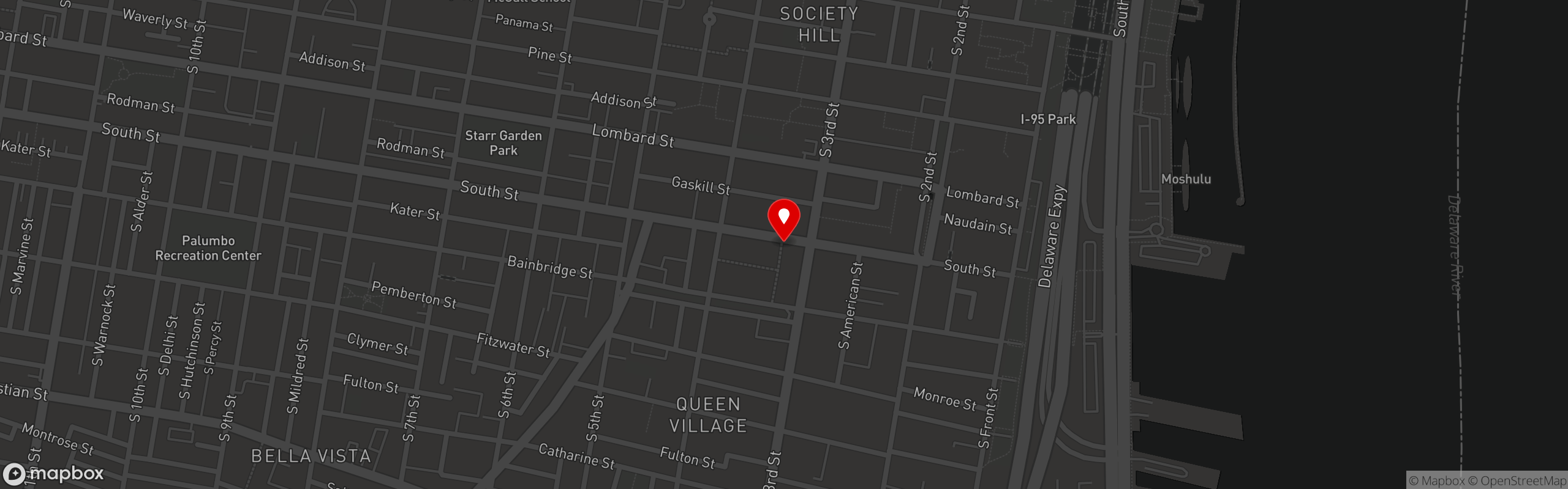 Street map pinning Brooklyn Dumpling Shop in South Street - Philadelphia
