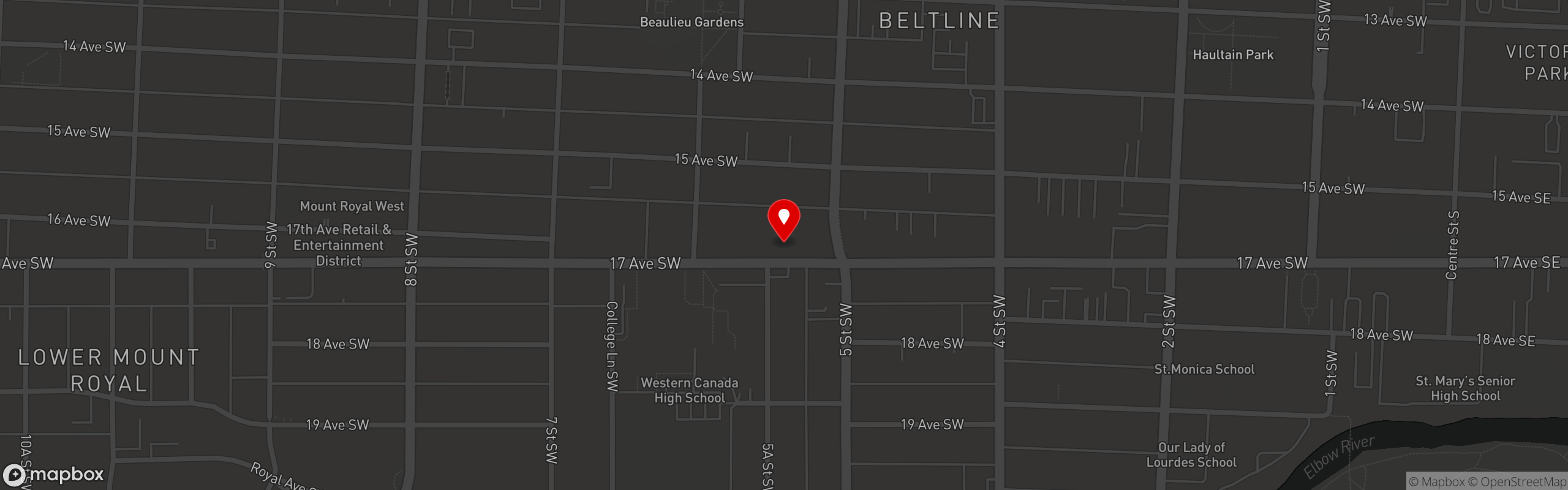 Street map pinning Brooklyn Dumpling Shop in Downtown 17th Street - Calgary