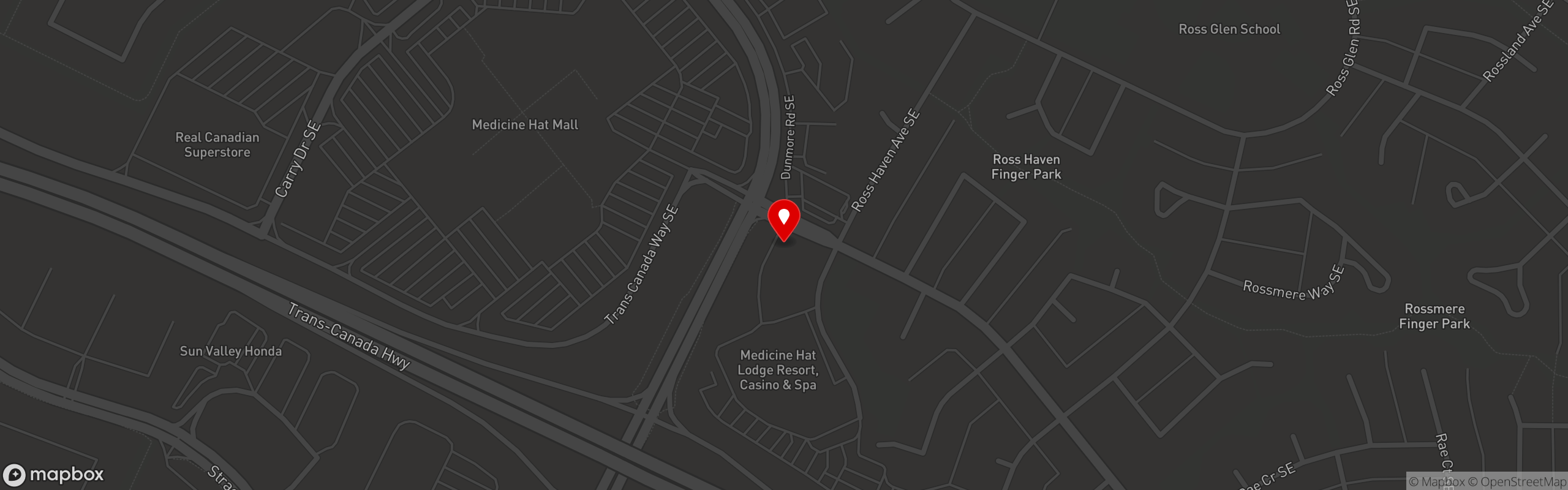 Street map pinning Brooklyn Dumpling Shop in Medicine Hat