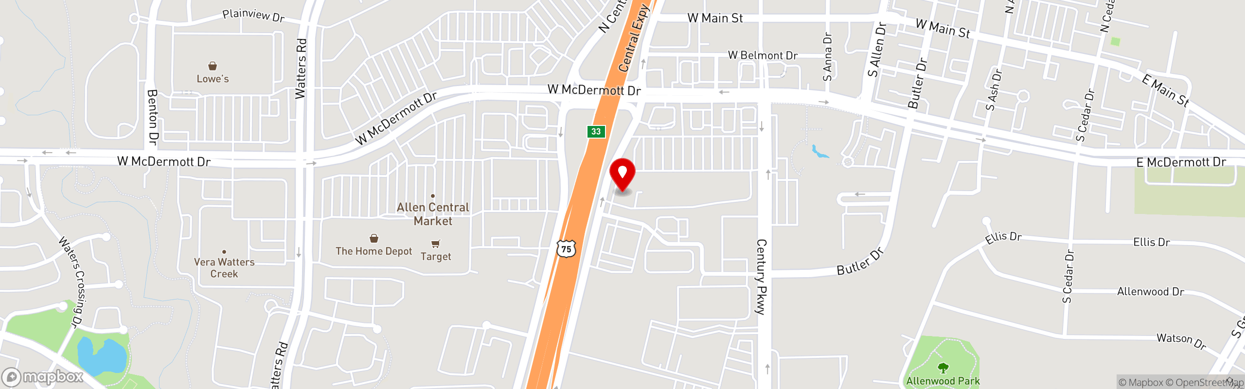 Street map pinning JC's Burger House in Allen