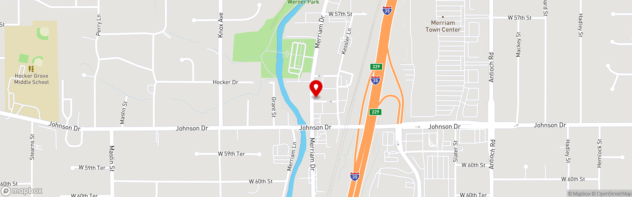 Street map pinning Strip's Chicken in Merriam