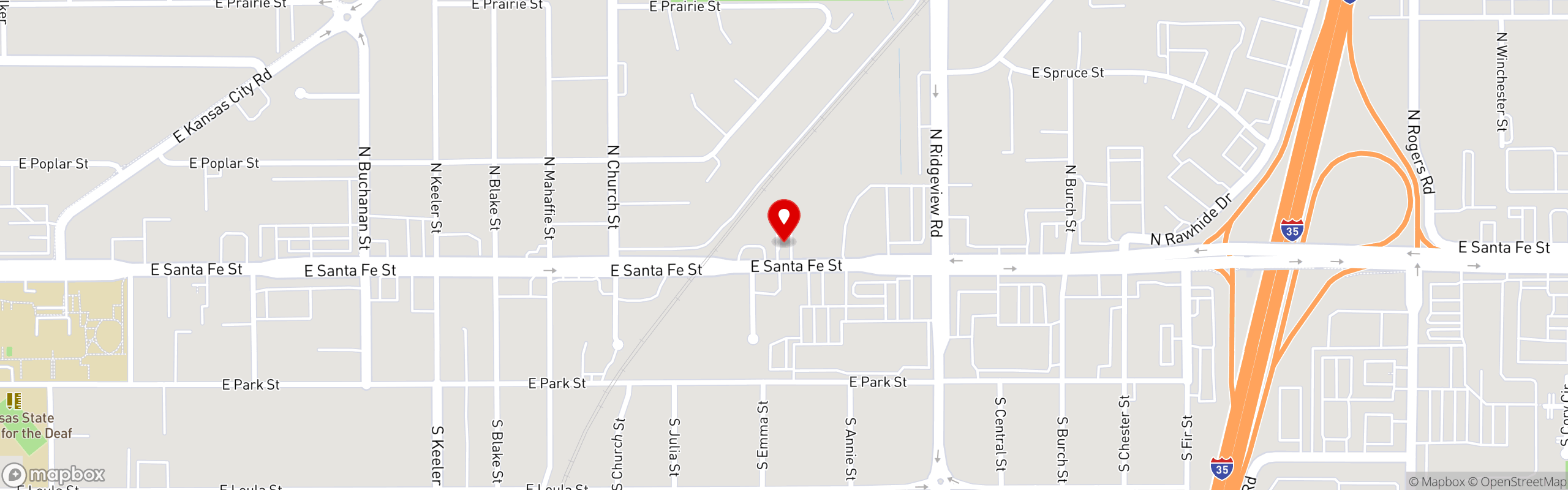 Street map pinning Strip's Chicken in Olathe