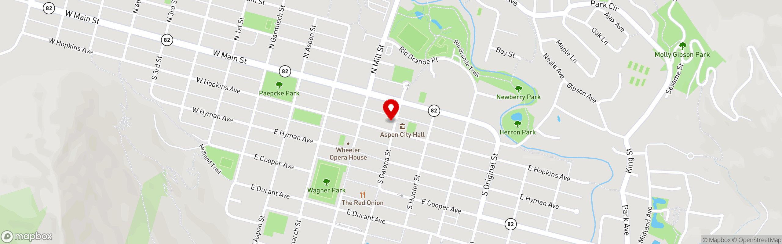 Street map pinning Aspen Brewing Company in Aspen
