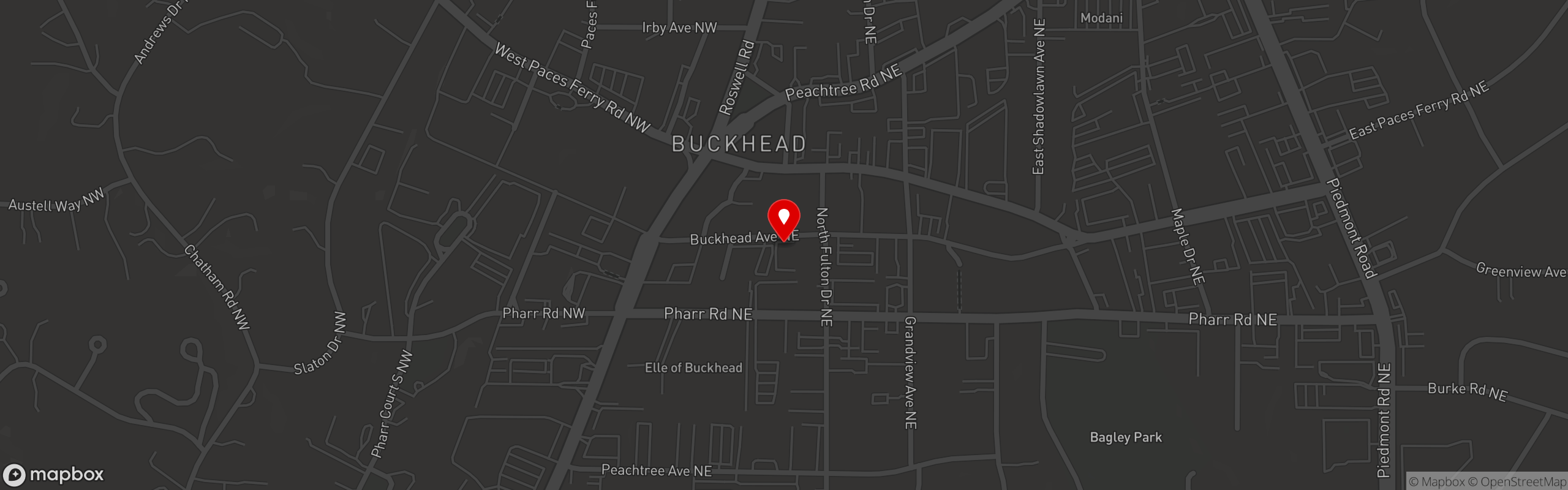 Street map pinning Fado Irish Pub in Buckhead