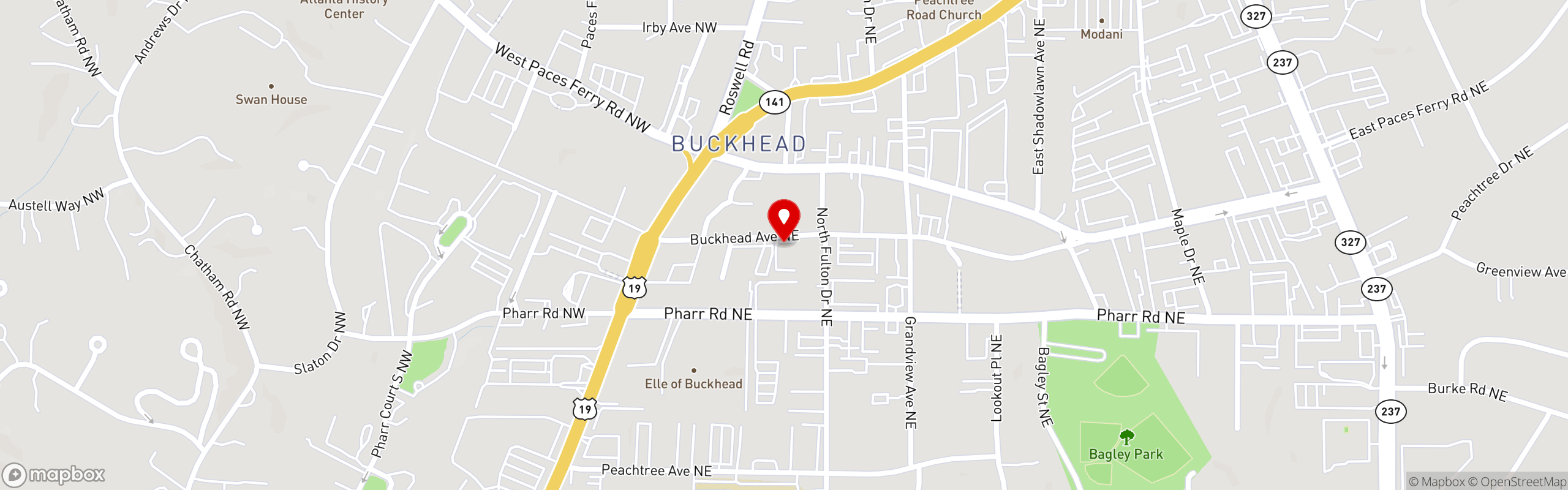 Street map pinning Fado Irish Pub in Buckhead