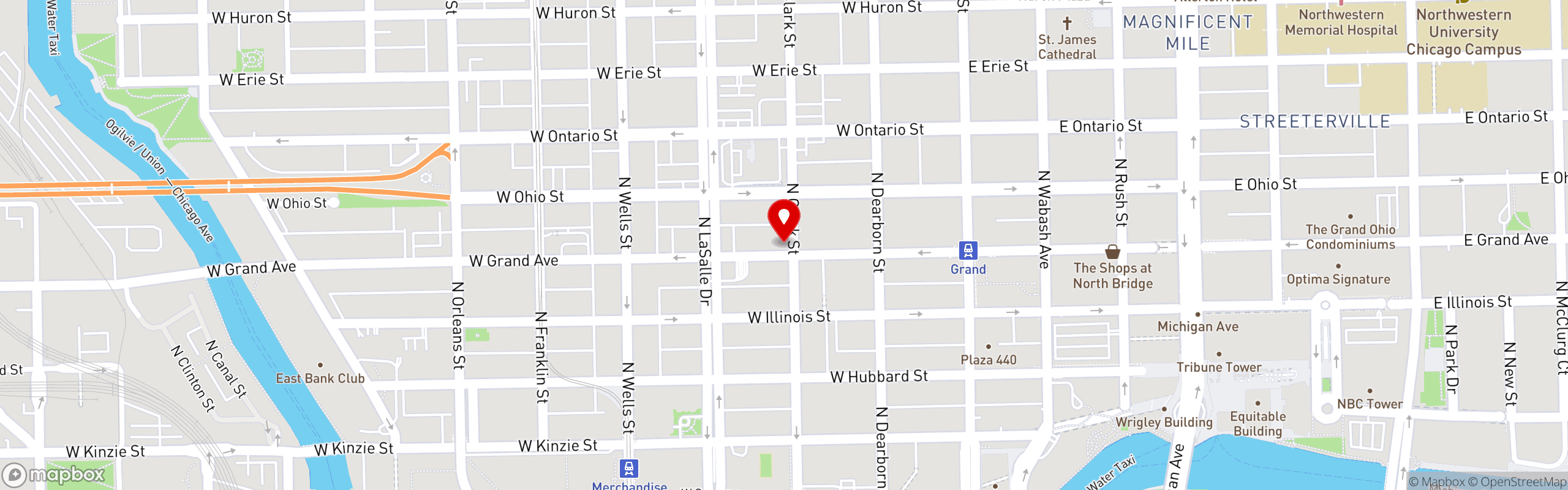Street map pinning Fado Irish Pub in Chicago