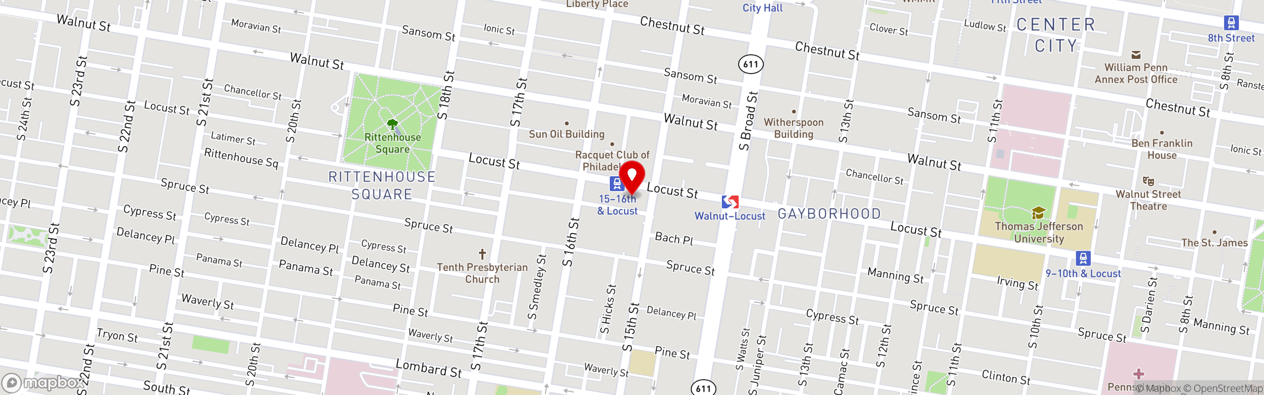 Street map pinning Fado Irish Pub in Philadelphia