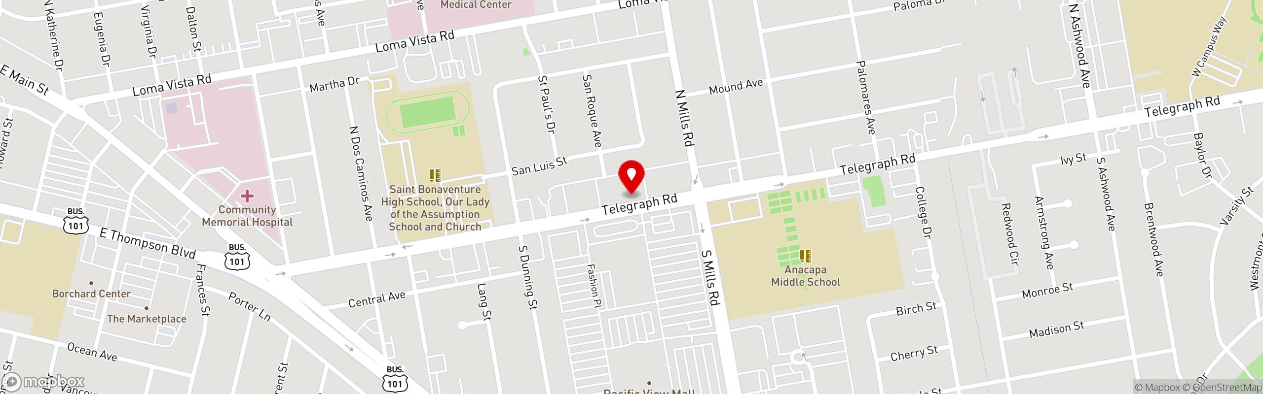 Street map pinning Allison's Country Cafe in Ventura