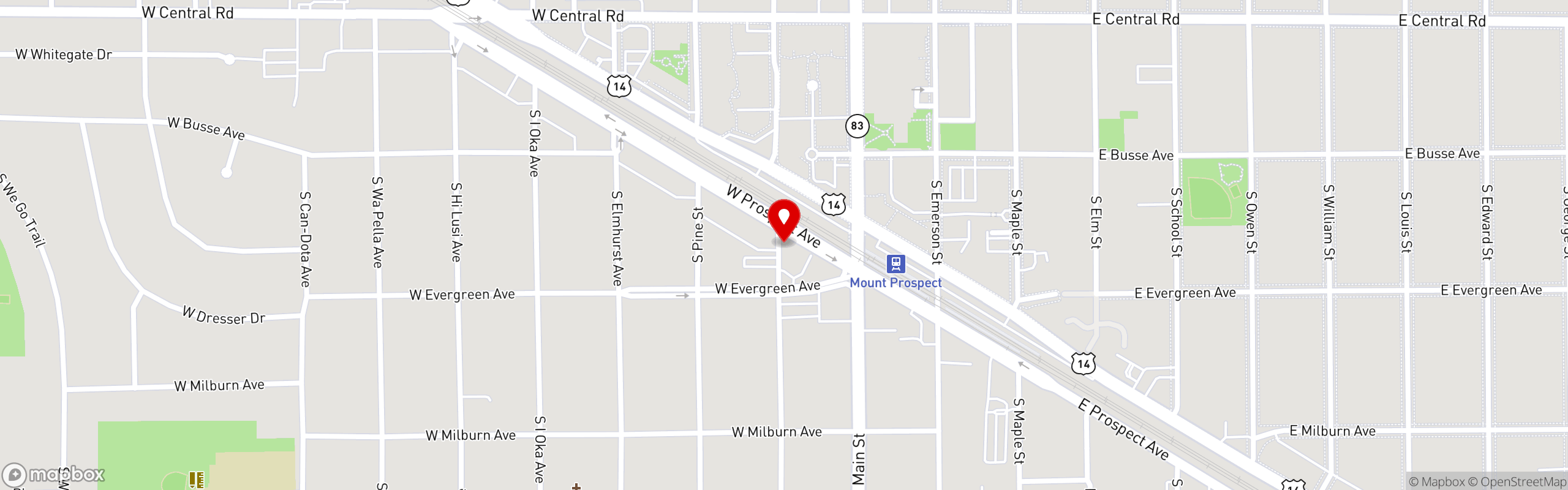 Street map pinning Salerno's in Salerno's Pizzeria & Catering - Mt. Prospect