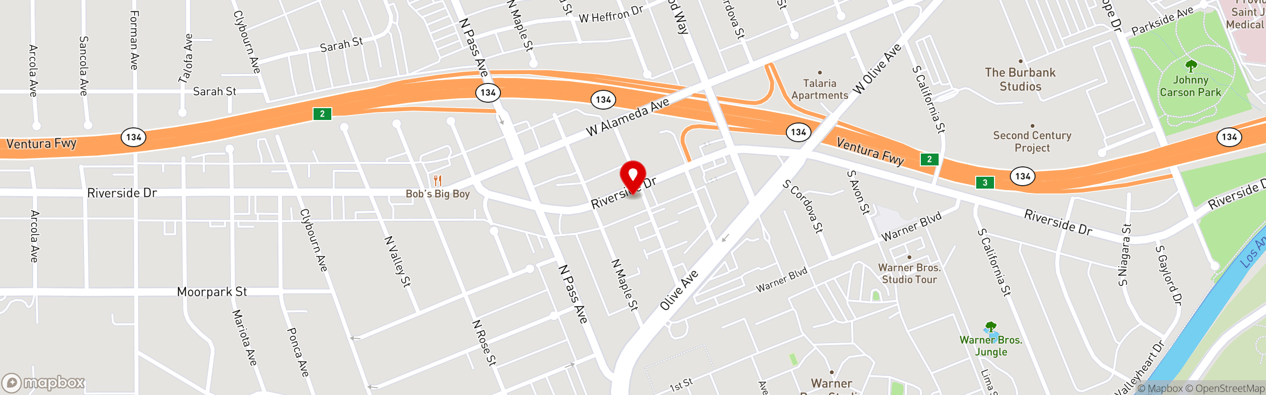Street map pinning Novo Cafe in Burbank