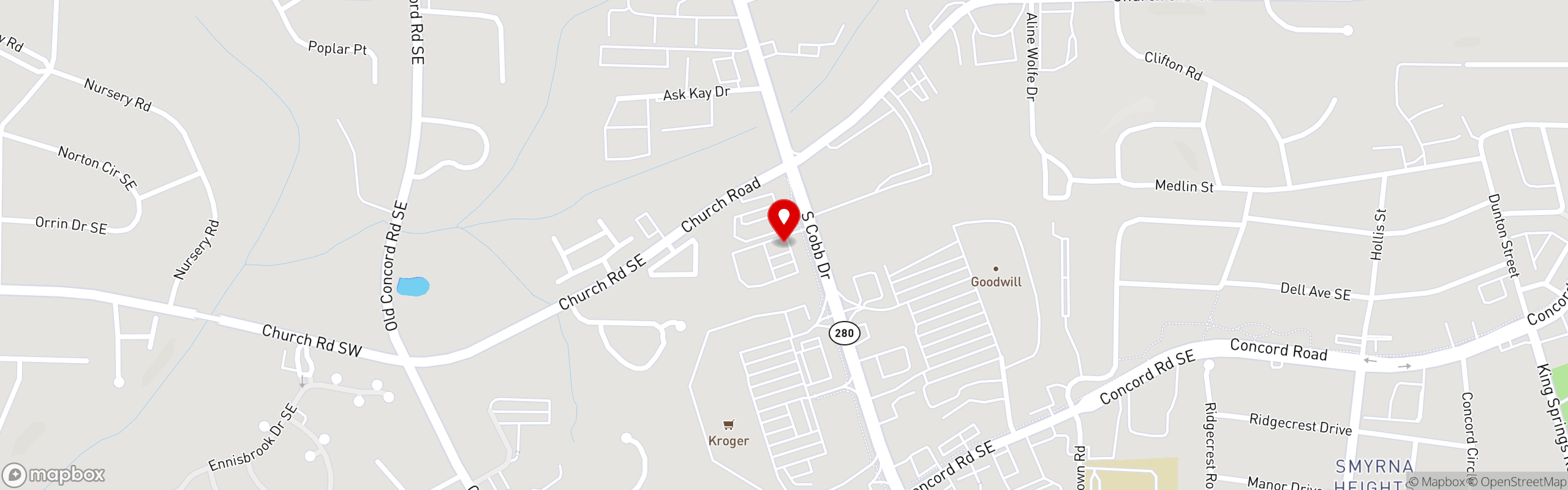 Street map pinning 1911 Biscuits & Burgers in Smyrna, GA