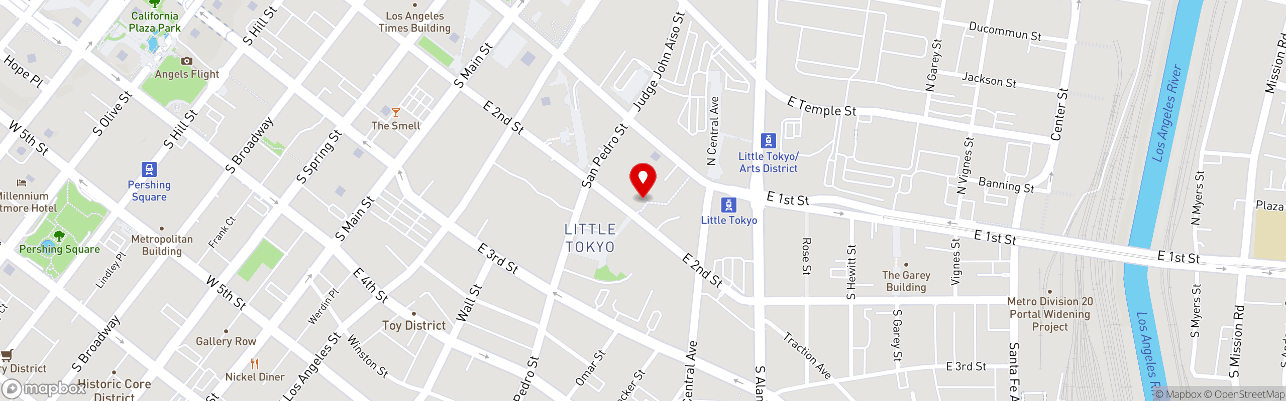 Street map pinning Ramen Yamadaya in Downtown Los Angeles