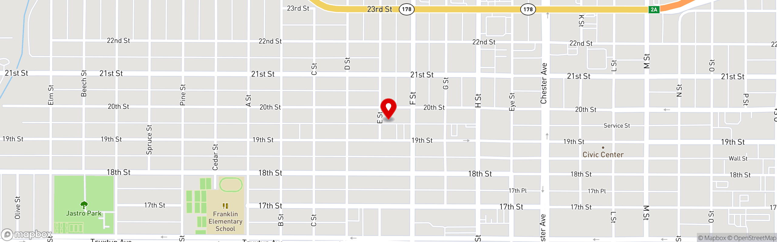 Street map pinning Prime Time BBQ in Bakersfield