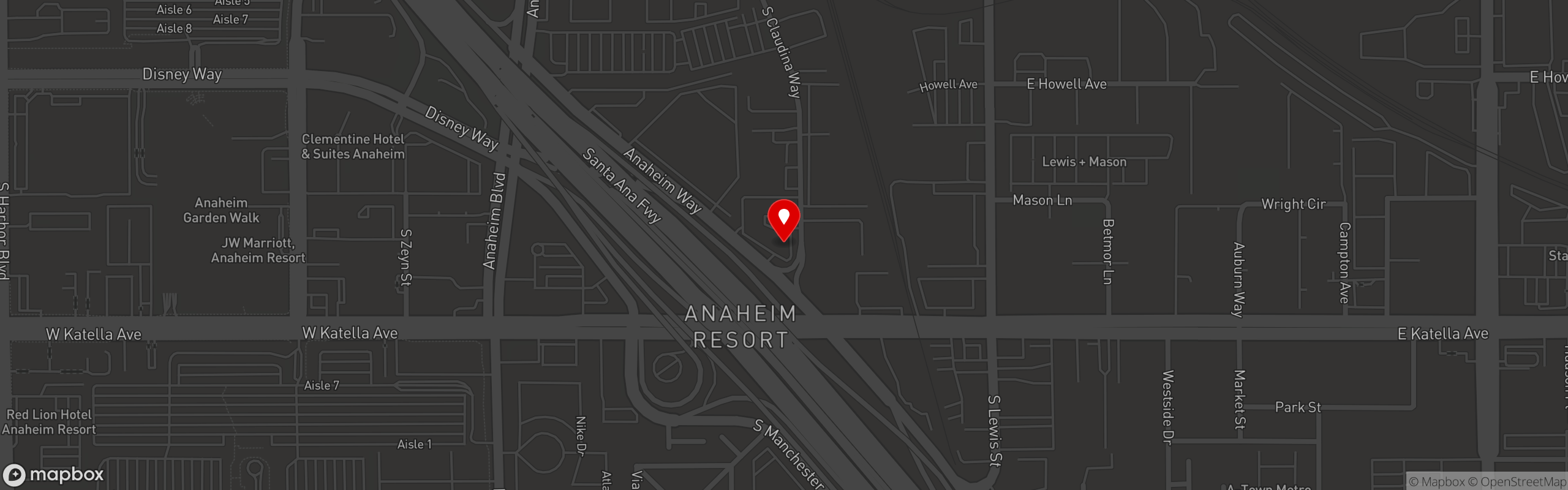 Street map pinning Lopez & Lefty's in Anaheim