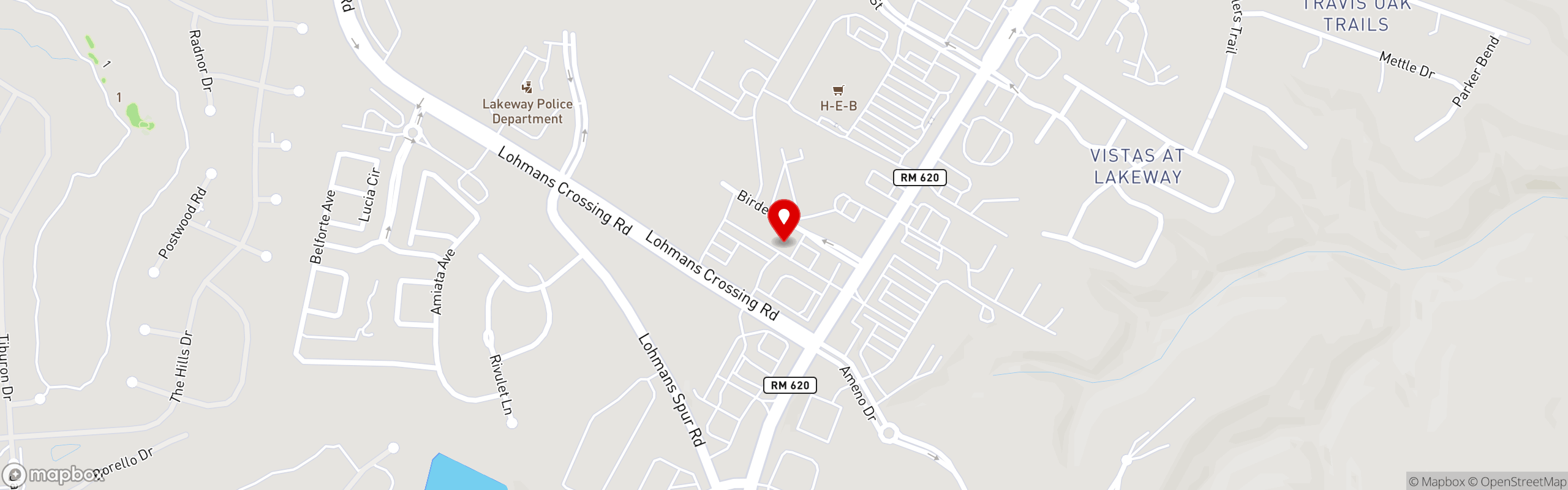 Street map pinning Flores Mexican Restaurant in Lakeway