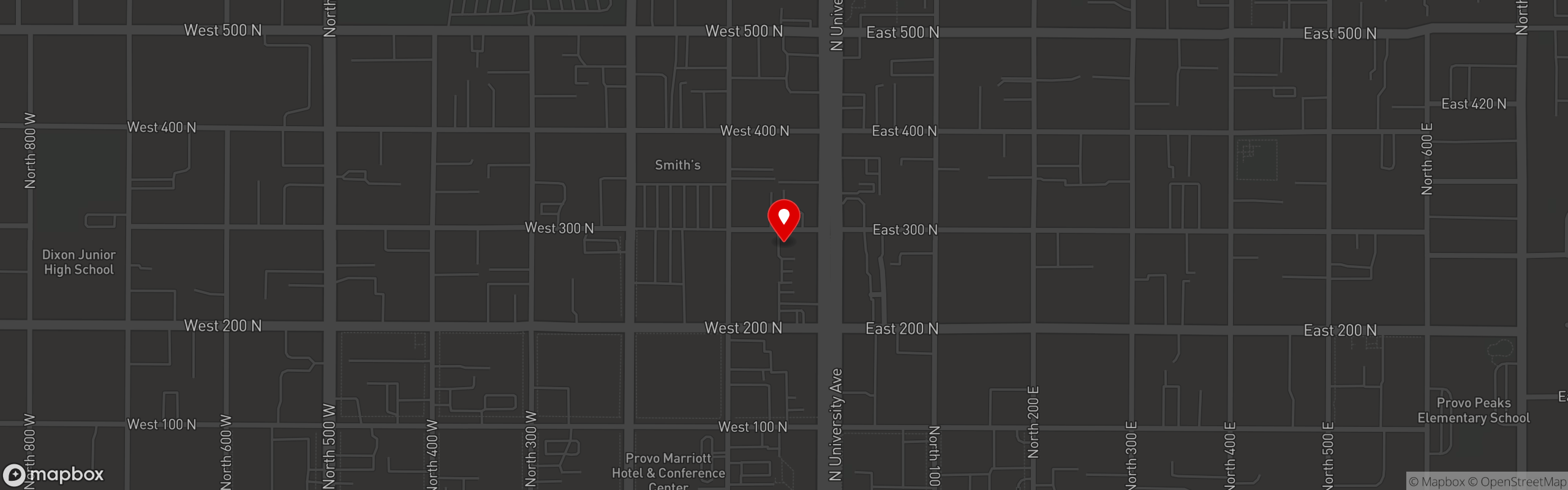 Street map pinning CHOM Burger in Provo
