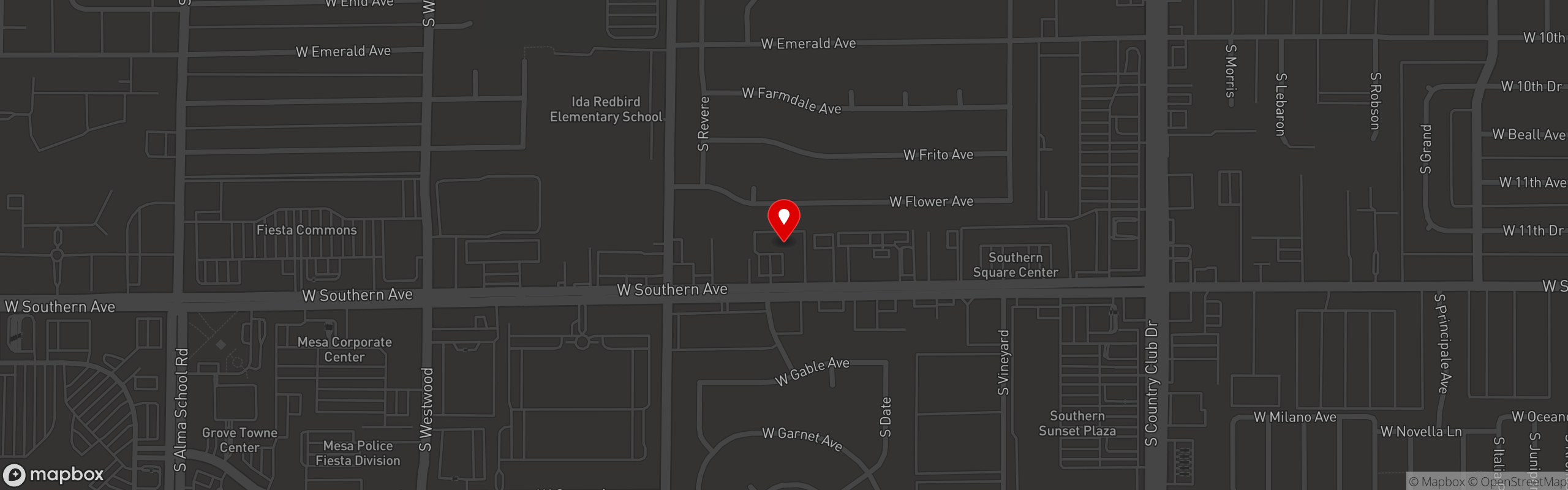 Street map pinning 414 Pub & Pizza in Mesa, AZ