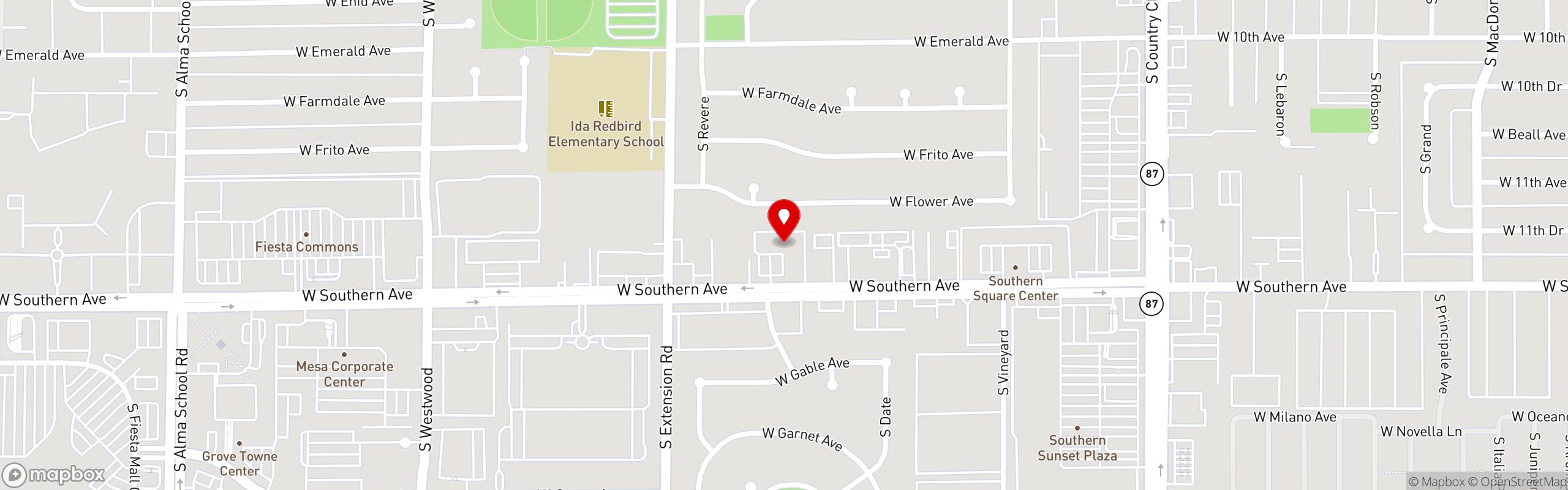 Street map pinning 414 Pub & Pizza in Mesa, AZ
