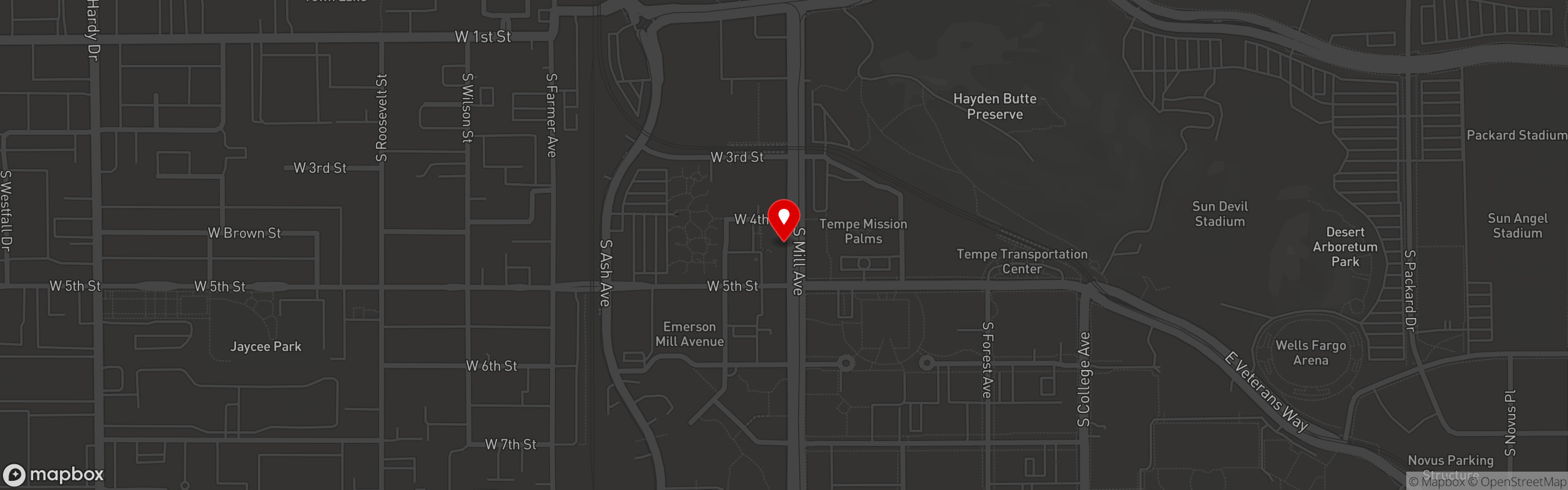 Street map pinning 414 Pub & Pizza in Tempe, AZ