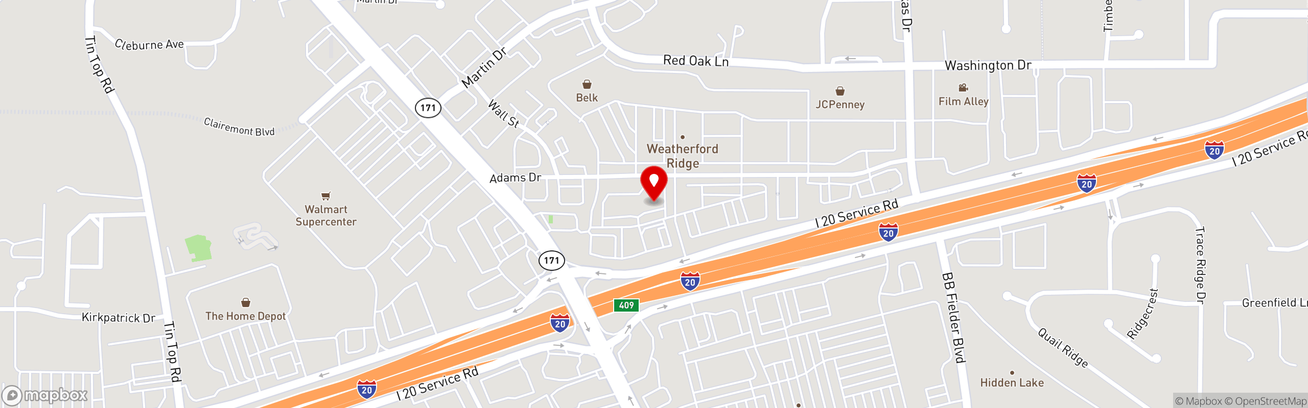 Street map pinning Craving Crab in Weatherford, TX