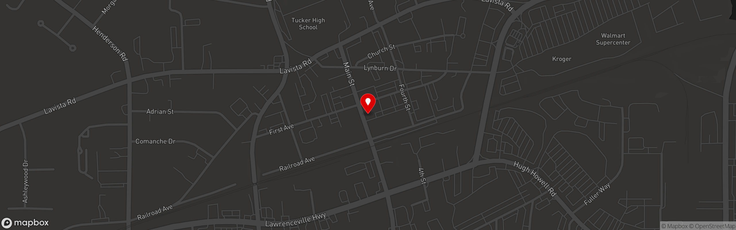Street map pinning Ford's BBQ in Tucker, GA