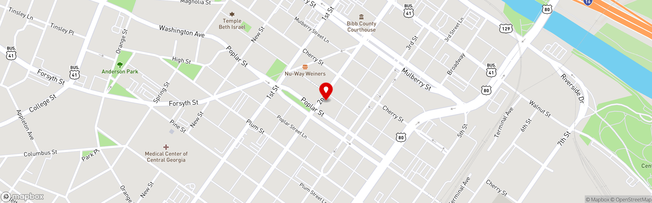 Street map pinning Bearfoot Tavern in Downtown Macon