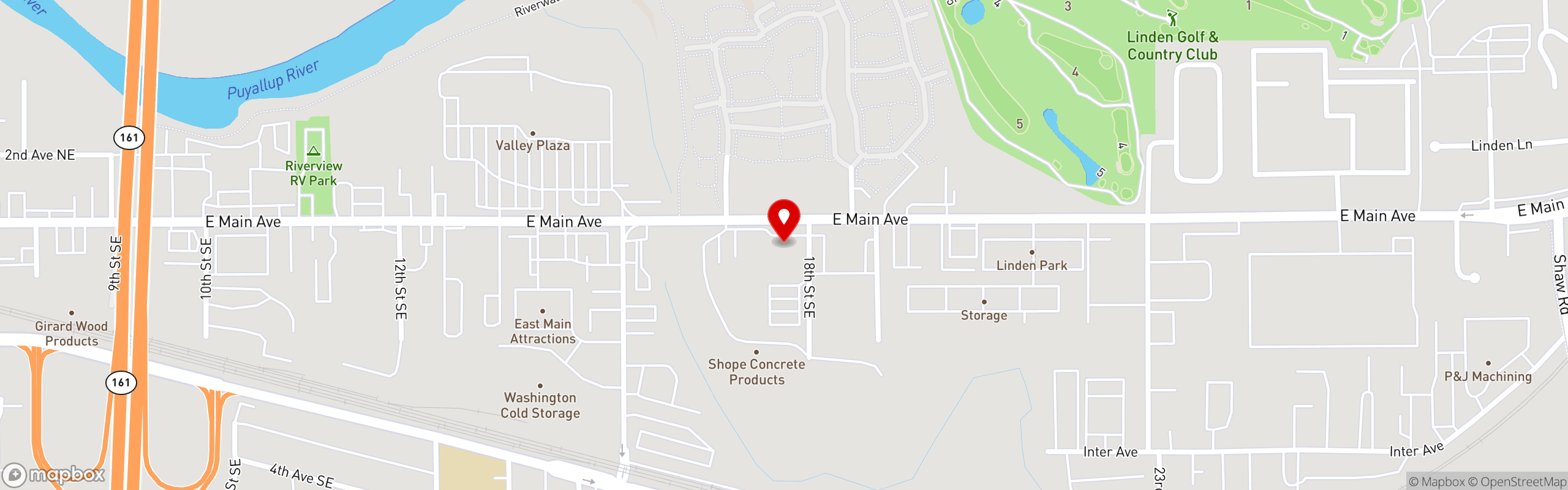 Street map pinning Rockin' Bowl Café at Daffodil Bowl in Puyallup, WA