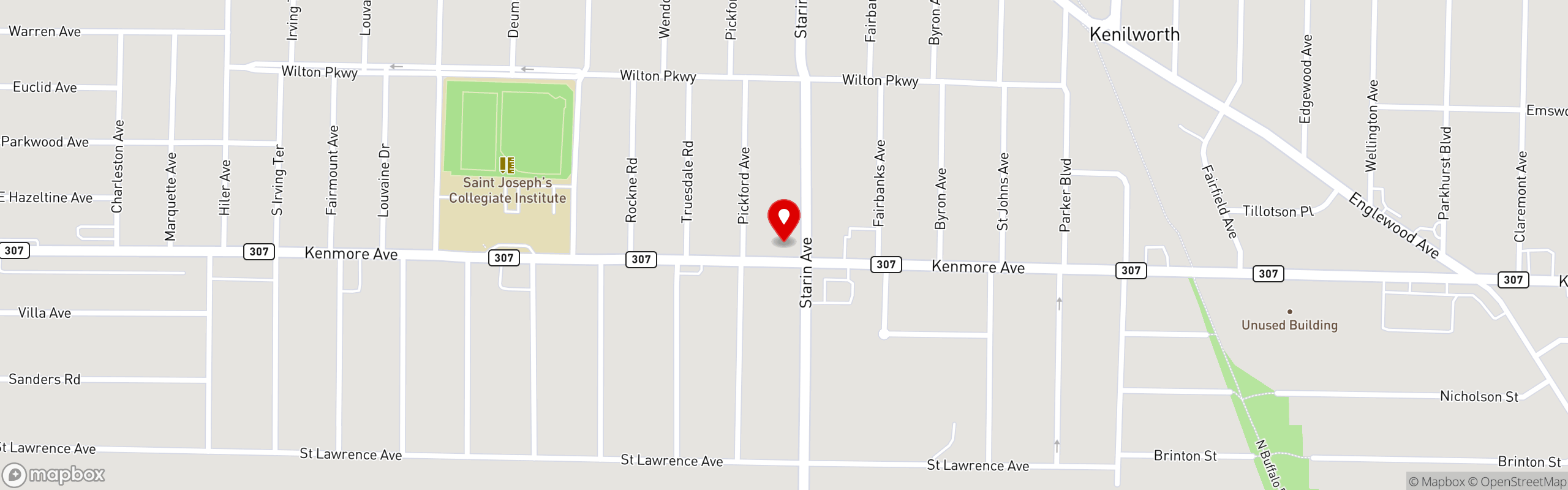 Street map pinning Frank Gourmet Hot Dogs in Buffalo