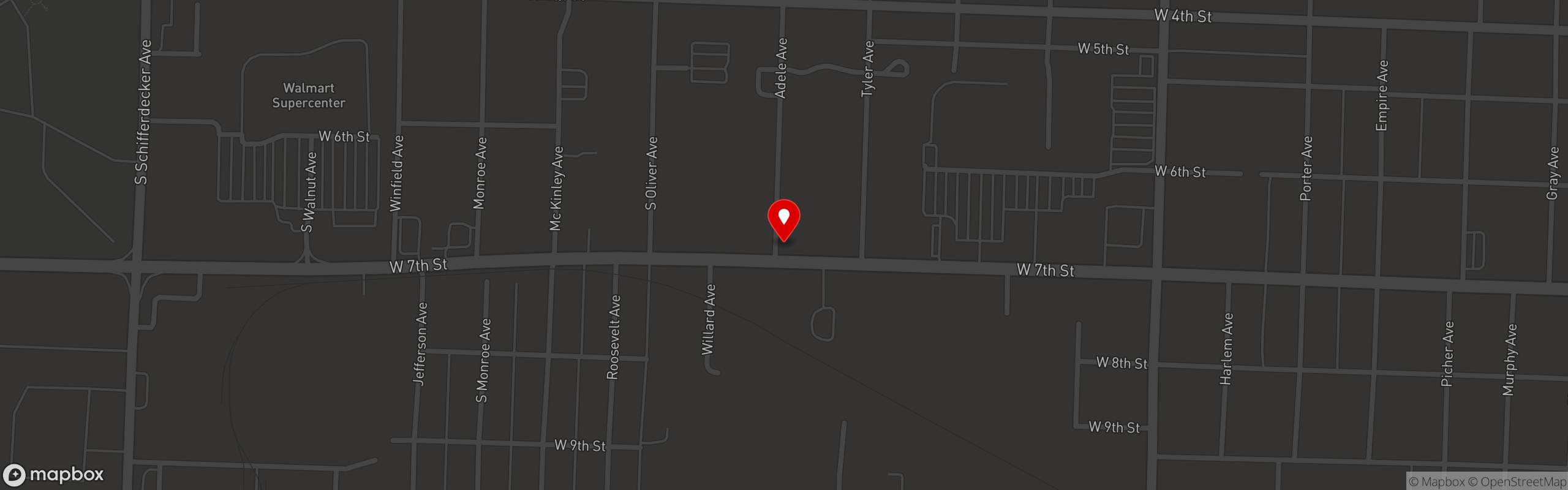 Street map pinning Woody's Wood-Fire Pizza Bar & Oven in Joplin