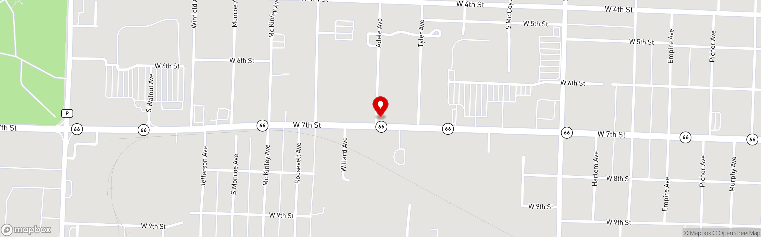 Street map pinning Woody's Wood-Fire Pizza Bar & Oven in Joplin