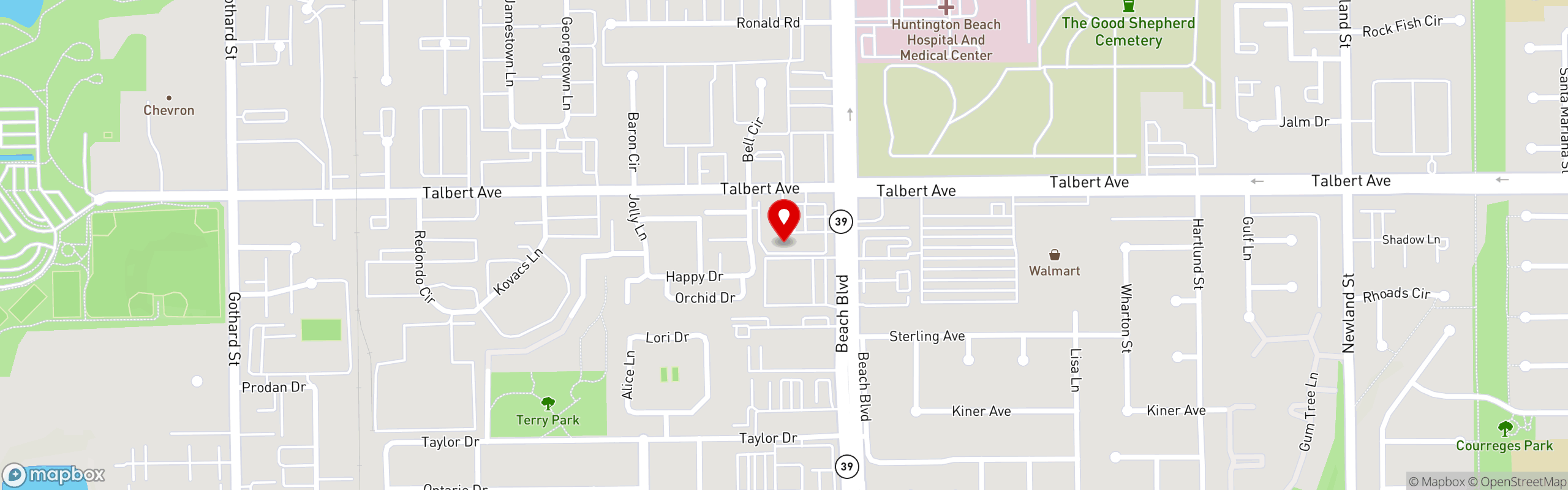 Street map pinning Matsu Japanese Restaurant in Huntington Beach