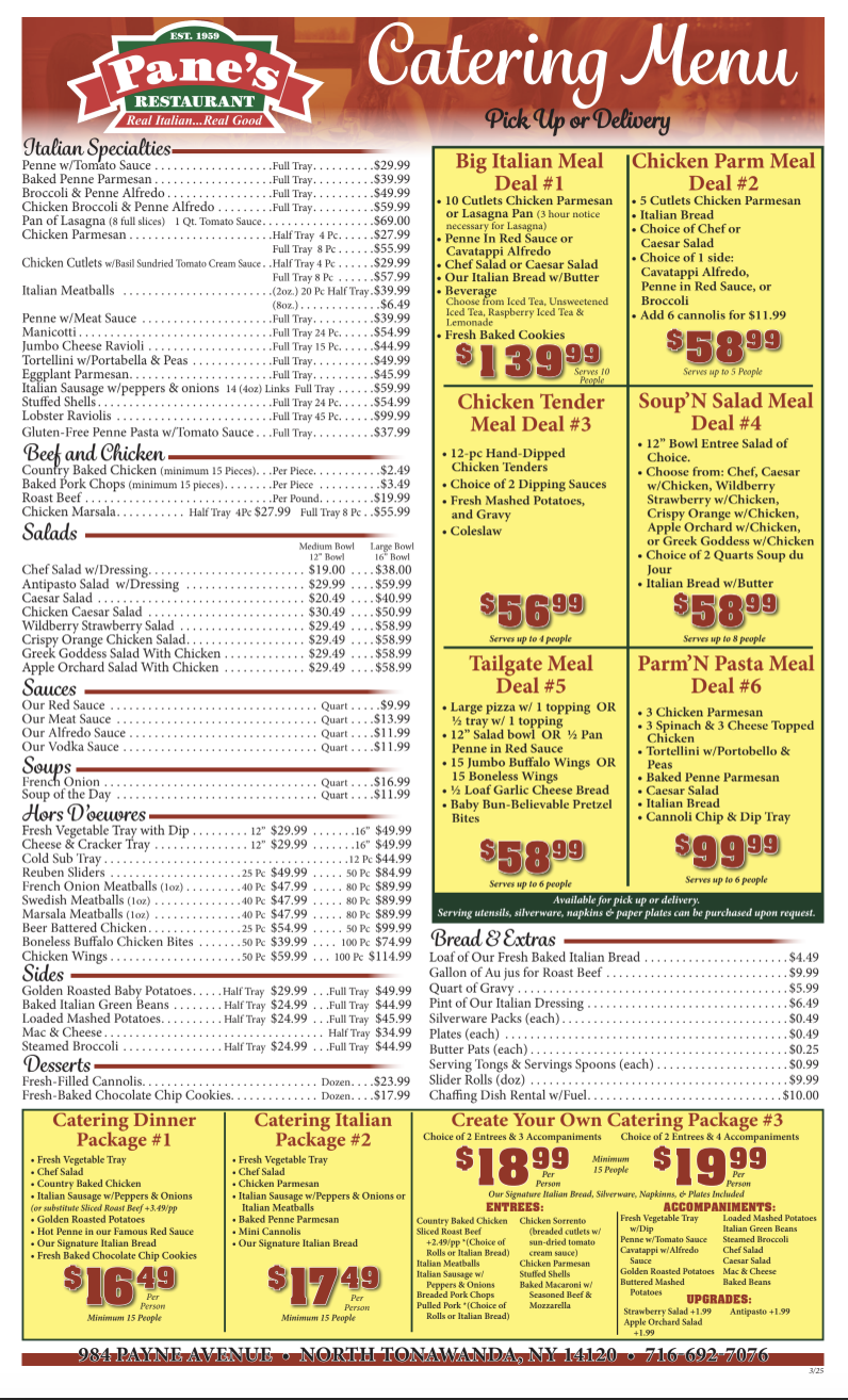 Pastas - Pane's Restaurant - Italian Restaurant in North Tonawanda, NY