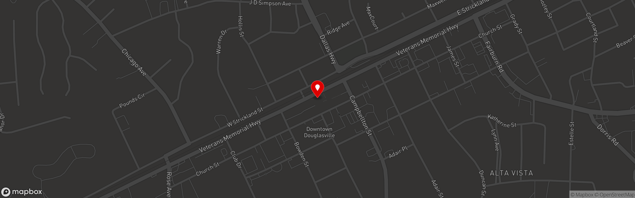 Street map pinning T's Brunch Bar in Downtown Douglasville